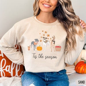 Puede incluir: Una sudadera beige con un gr&aacute;fico de tres perros, una calabaza, hojas y una cesta de manzanas. El texto "'Tis the season" est&aacute; impreso debajo del gr&aacute;fico.
