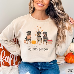 May include: A beige sweatshirt with a graphic of three Rottweilers wearing fall-themed accessories. The Rottweilers are sitting in a row with a pumpkin, a cup of coffee, and a basket of apples. The text "'Tis the season" is printed below the Rottweilers.