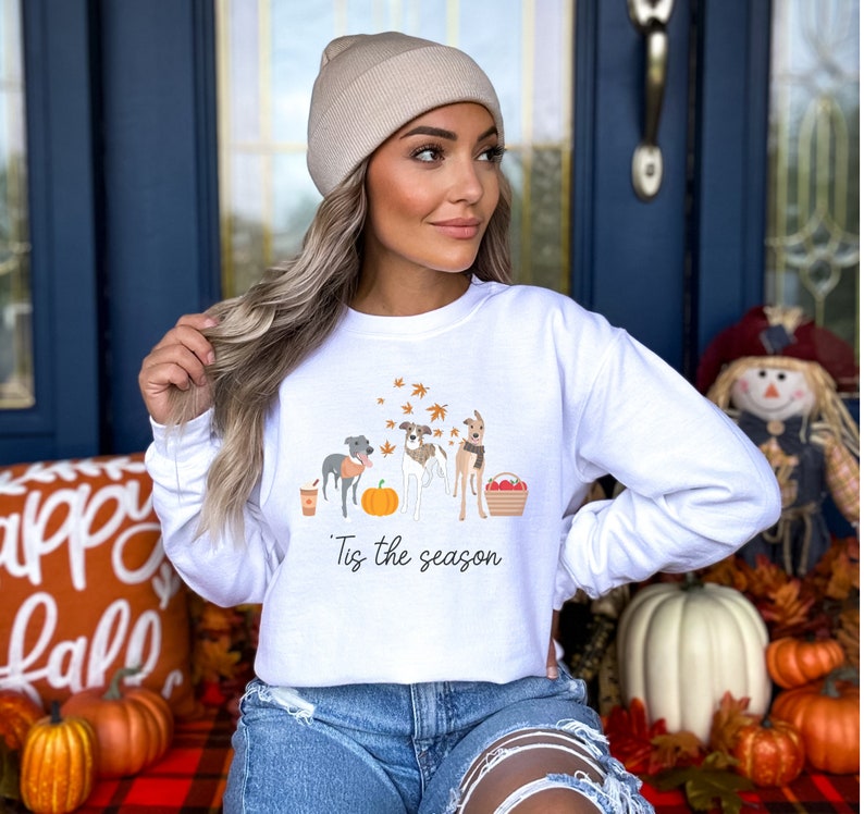 Puede incluir: Sudadera blanca con un gr&aacute;fico de tres perros, una calabaza y hojas de oto&ntilde;o. El texto "Tis the season" est&aacute; impreso debajo del gr&aacute;fico.
