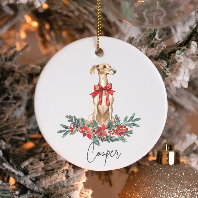 a dog ornament hanging from a christmas tree