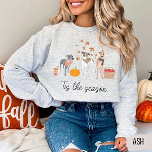Puede incluir: Una sudadera gris con un gr&aacute;fico de tres perros, una calabaza y hojas de oto&ntilde;o. El texto "'Tis the season" est&aacute; impreso debajo del gr&aacute;fico.