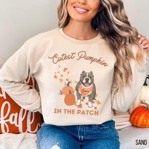 May include: Sand-colored sweatshirt with the text "Cutest Pumpkin IN THE PATCH". The design features a cartoon dog wearing an orange bandana, pumpkins, and autumn leaves. The word "Cooper" is on the bandana.