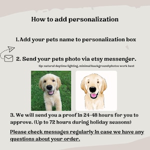 Peut inclure: Image expliquant comment personnaliser un produit. Les instructions incluent l'ajout du nom d'un animal de compagnie, l'envoi d'une photo via la messagerie Etsy et l'approbation d'une &eacute;preuve dans les 24 &agrave; 48 heures. Comprend une photo et une illustration d'un golden retriever.