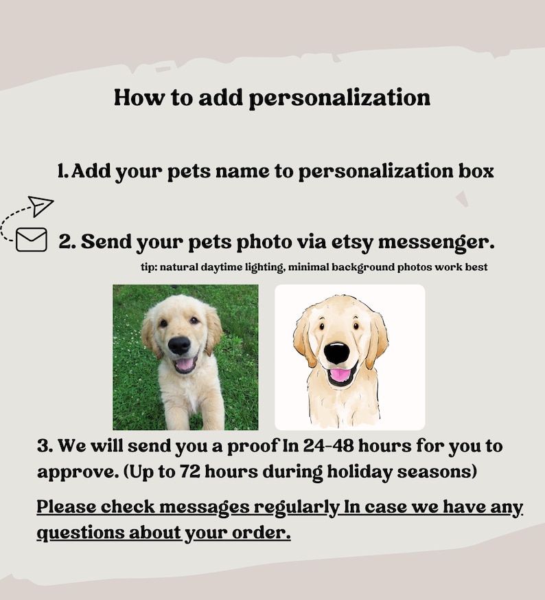 Peut inclure: Image expliquant comment personnaliser un produit. Les instructions incluent l'ajout du nom d'un animal de compagnie, l'envoi d'une photo via la messagerie Etsy et l'approbation d'une &eacute;preuve dans les 24 &agrave; 48 heures. Comprend une photo et une illustration d'un golden retriever.