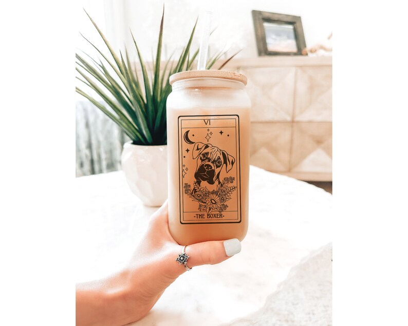 Boxer dog tarot frosted glass tumbler, Boxer gifts, Boxer mom, Boxer dog, Boxer lover, dog mom tumbler, boxer tumbler, iced coffee cup image 4