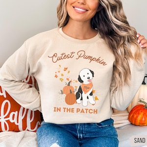 May include: Sand-colored sweatshirt with the text "Cutest Pumpkin in the Patch" and a cartoon dog wearing a bandana. The design includes pumpkins and autumn leaves. The word "Milo" is on the bandana.