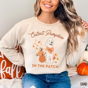 May include: Sand-colored sweatshirt featuring a graphic of a white poodle wearing an orange bandana, sitting next to pumpkins and autumn leaves. The text reads "Cutest Pumpkin IN THE PATCH". The word "SAND" is printed at the bottom right.