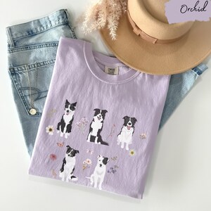 May include: A lavender t-shirt with a graphic of five black and white border collies with floral accents. The shirt has the text "COMFORT COLORS" on the tag.