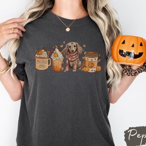 May include: A dark gray t-shirt with a graphic of a dachshund dog, pumpkin spice latte, and a fall-themed coffee cup. The text "Pumpkin Spice" is on the coffee cup.
