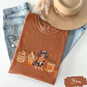 May include: A brown t-shirt with a graphic of a Cavalier King Charles Spaniel dog wearing a scarf and surrounded by fall-themed drinks and pumpkins. The text "Pumpkin Spice" is on one of the drinks. The shirt has a tag that says "Comfort Colors" and "XL 70-70".