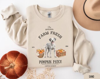 May include: A beige sweatshirt with the text "The Original Farm Fresh Est'd 1930 Pumpkin Patch Open Daily" and a cartoon Dalmatian dog standing in front of a crate of pumpkins.