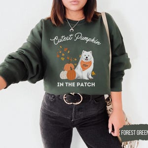 May include: Forest green sweatshirt with the text "Cutest Pumpkin In The Patch". The design includes a white dog wearing an orange bandana, pumpkins, and autumn leaves. The sweatshirt is a fall-themed design.