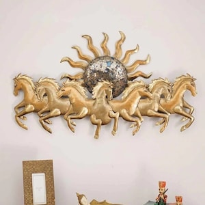 7 Horse Wall Decor , Elephant wall sculpture , Golden Wall Art , Running Horse And Sun Wall Lamp , Wall Hanging , Led Lamp , metal wall art