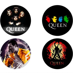 May include: Four different Queen band logo designs on black circles. The first design features a black and white photo of the band members. The second design features four colourful silhouettes of the band members with the word "QUEEN" in white text. The third design features a black and white photo of Freddie Mercury singing. The fourth design features a red, orange and yellow crest with the word "QUEEN" in white text.