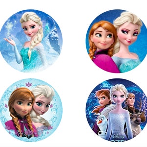 May include: Four round stickers featuring characters from the Disney film Frozen. The stickers feature Elsa and Anna in various poses. One sticker features Elsa with a blue background and snowflakes. Another sticker features Elsa and Anna standing side-by-side. A third sticker features Elsa and Anna with a floral background. The final sticker features Elsa, Anna, Kristoff, Olaf, and Sven.