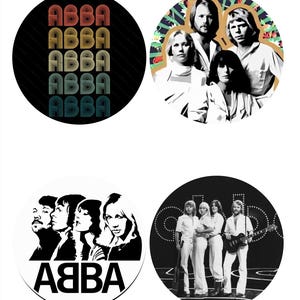 May include: Four circular designs featuring ABBA imagery. One has the band's name in a retro font on a black background. Another shows the band members in a black and white illustration. The other two feature images of the band.
