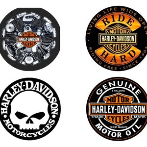 May include: Four circular Harley-Davidson logos. One shows a motorcycle engine, another reads "Ride Hard" with the Harley-Davidson logo. A third shows a skull, and the last says "Genuine Motor Oil".
