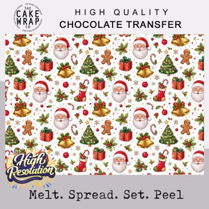 Puede incluir: Una lámina de transferencia de chocolate blanca con un diseño navideño. El patrón incluye caras de Papá Noel, árboles de Navidad, campanas, hombres de jengibre y cajas de regalo. El texto es "HIGH QUALITY CHOCOLATE TRANSFER" y "Melt. Spread. Set. Peel."