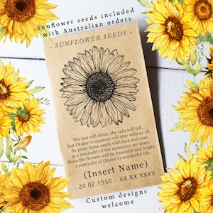 Bomboniere funebri, In memoria di pacchetti di semi, Pacchetti di semi commemorativi personalizzati, In ricordo di, Bomboniere convenienti, Bomboniere uniche, Girasole