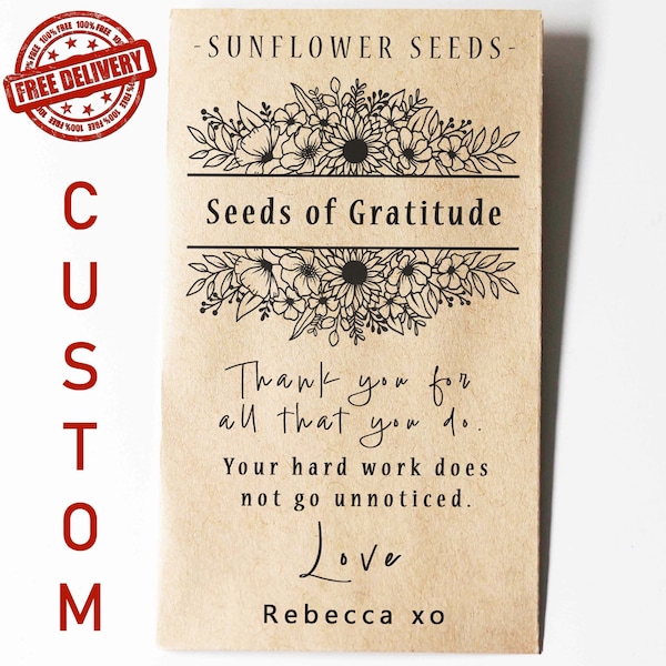 GRATITUDE SEEDS, Gratitude Seed Packets, Custom Seed Packets, Thank You Favor, Nurse Gift, Teacher Gift, Unique Favor, Sunflower Seed Gift