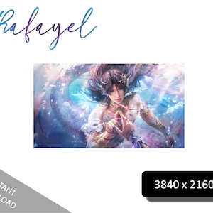 May include: Digital art print of a mermaid with long hair and a scaled tail, swimming underwater. The artwork has a fantasy theme with blues, purples, and pinks. The word "Rafayel" is written in cursive at the top. The image is 3840 x 2160 pixels.