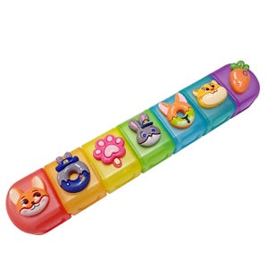 May include: A colorful toy featuring a series of connected blocks, each adorned with a different animal or shape. The toy includes a fox, a donut, a paw print, a rabbit, a donut, a cat, and a carrot. The blocks are in various colors.