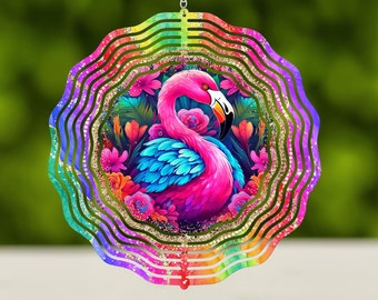Neon Flamingo  Wind Spinner Sublimation Design Template, 10 inch Round Hanging Sublimation Designs WindSpinner PNG