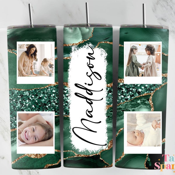 Dark Green Shimmer Add Your Own Photo 20 oz Skinny Tumbler Sublimation Design, Mothers Day Tumbler, Straight & Tapered Tumbler Wrap PNG