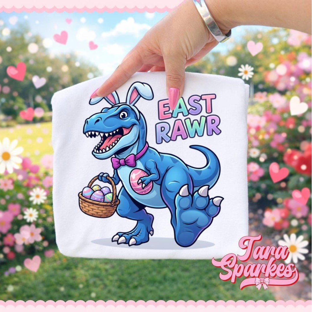 Vibrant Cartoon Dinosaur With Bunny Ears and Easter Eggs - EAST RAWR ...