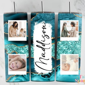 Ocean Blue Glitters Add Your Own Photo 20 oz Skinny Tumbler Sublimation Design, Mothers Day Tumbler, Straight & Tapered Tumbler Wrap PNG