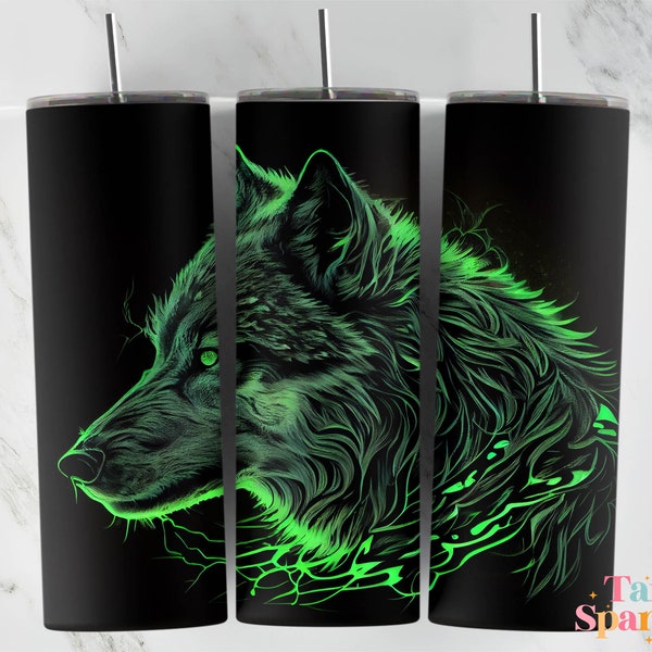 Glowing Neon Wolf 20 oz Skinny Tumbler Sublimation Design, Instant Digital Download PNG, Straight & Tapered Tumbler Wrap For Men PNG