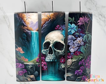 Skulls Wildflowers Water Falls Wallpaper 20 oz Skinny Tumbler Sublimation Design, Instant Digital Download PNG, Straight & Tapered PNG