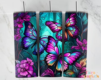 Butterfly Neon Stained Glass 20 oz Skinny Tumbler Sublimation Design, Instant Digital Download PNG, Straight & Tapered Tumbler Wrap PNG