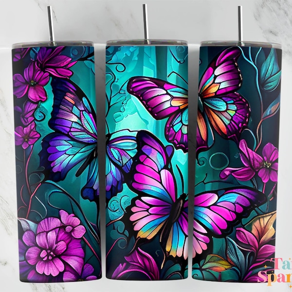 Butterfly Neon Stained Glass 20 oz Skinny Tumbler Sublimation Design, Téléchargement numérique instantané PNG, Straight & Tapered Tumbler Wrap PNG