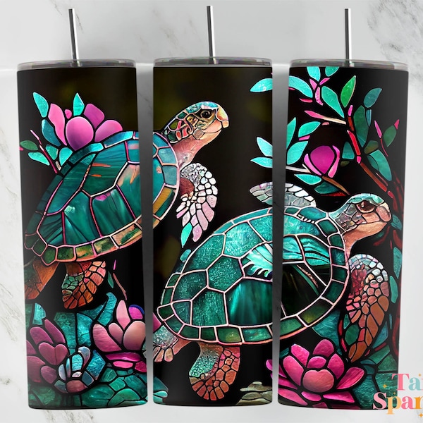 Neon Turtle Stained Glass 20 oz Skinny Tumbler Sublimation Design, Instant Digital Download PNG, Straight & Tapered Tumbler Wrap PNG