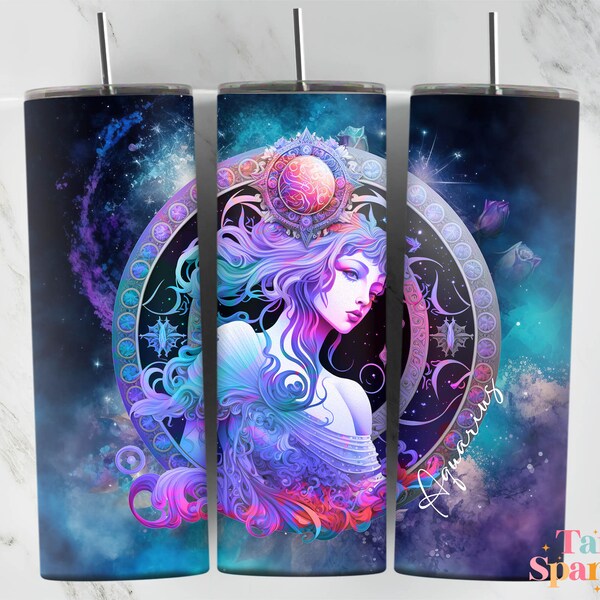 Zodiac Aquarius Sign 20 oz Skinny Tumbler Sublimation Design, Star Sign Galaxy, Digital Download, Straight & Tapered Tumbler Wrap PNG