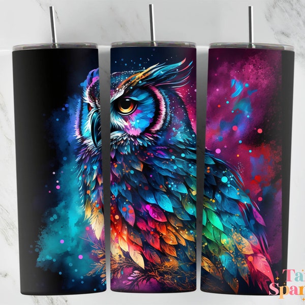 Neon Owl 20 oz Skinny Tumbler Sublimation Design, Bird Rainbow Alcohol Ink, Digital Download, Straight & Tapered Tumbler Wrap PNG