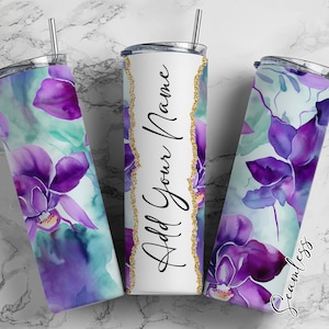 Purple orchids Blue Flowers 20oz Sublimation Tumbler Wraps , Mothers Day, Add your own name Tumbler Wrap Designs PNG