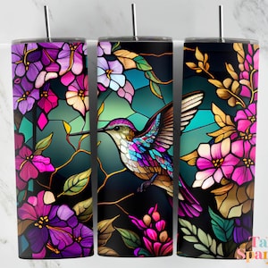 Flowers Hummingbird Stained Glass 20 oz Skinny Tumbler Sublimation Design, Instant Digital Download PNG, Straight & Tapered Tumbler Wrap PNG