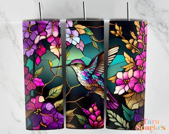 Flowers Hummingbird Stained Glass 20 oz Skinny Tumbler Sublimation Design, Instant Digital Download PNG, Straight & Tapered Tumbler Wrap PNG
