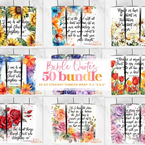 50+ Bible Quote 20oz Tumbler Sublimation Design Bundle, Motivational Christian Inspirational Jesus God Straight Skinny Tumblers Wraps PNG