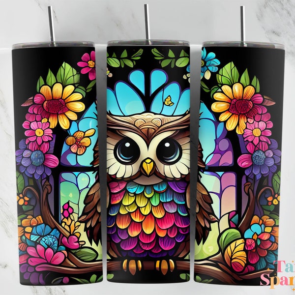 Kawaii Style Owl Stained Glass 20 oz Skinny Tumbler Sublimation Design, Instant Digital Download PNG, Straight & Tapered Tumbler Wrap PNG