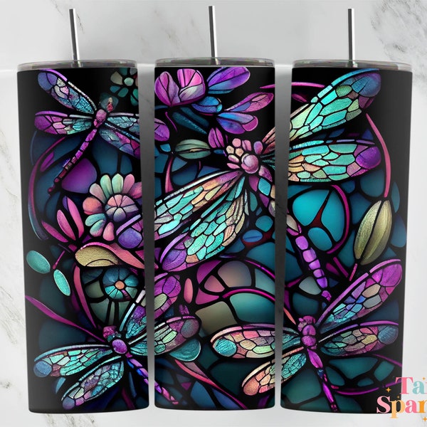 Dragon Flies Neon Stained Glass 20 oz Skinny Tumbler Sublimation Design, Instant Digital Download PNG, Straight & Tapered Tumbler Wrap PNG