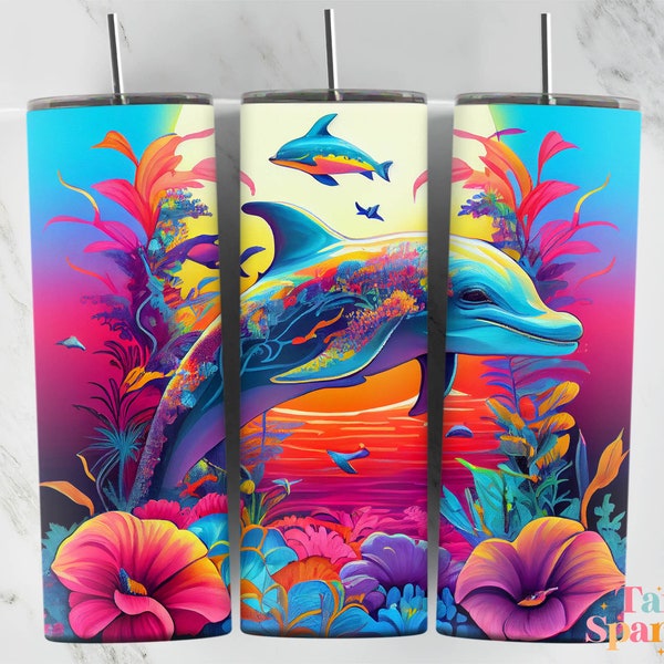 Colorful Dolphin Landscape 20 oz Skinny Tumbler Sublimation Design, Instant Digital Download PNG, Straight & Tapered Tumbler Wrap PNG