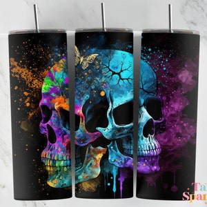Neon Skull 20 oz Skinny Tumbler Sublimation Design, Skulls Lover, Rainbow Alcohol Ink, Digital Download, Straight & Tapered Tumbler Wrap PNG