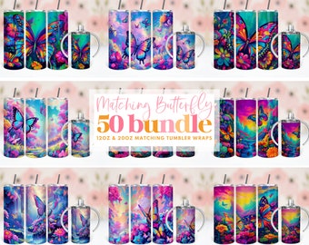 50 + Ensemble de gobelets papillon, 12 oz et 20 oz Skinny Tumbler Sublimation Design, Bright Neon, Mama Mini Matching, Kids Tumbler Wrap PNG