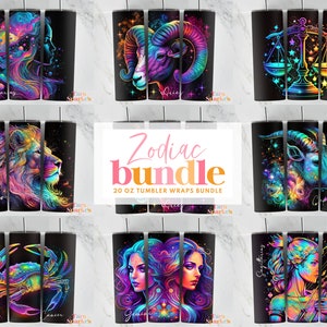 Zodiac Bundle 20 oz Skinny Tumbler Sublimation Design, Rainbow Star Sign Galaxy, Digital Download, Straight & Tapered Tumbler Wrap PNG