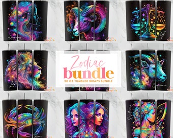 Zodiac Bundle 20 oz Skinny Tumbler Sublimation Design, Rainbow Star Sign Galaxy, Digital Download, Straight & Tapered Tumbler Wrap PNG