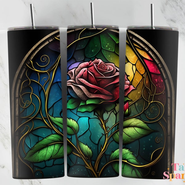 Rose Stained Glass 20 oz Skinny Tumbler Sublimation Design, Flowers Instant Digital Download PNG, Straight & Tapered Tumbler Wrap PNG