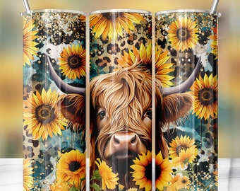 Highland Cow Sunflower Prints 20oz Skinny Tumbler Sublimation Designs, Best Seller, Straight 20 oz Tumbler Template, Tumbler Wrap PNG